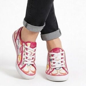 Coach Signature Print Canvas Sneakers Pink Multicolor Women Size 7.5